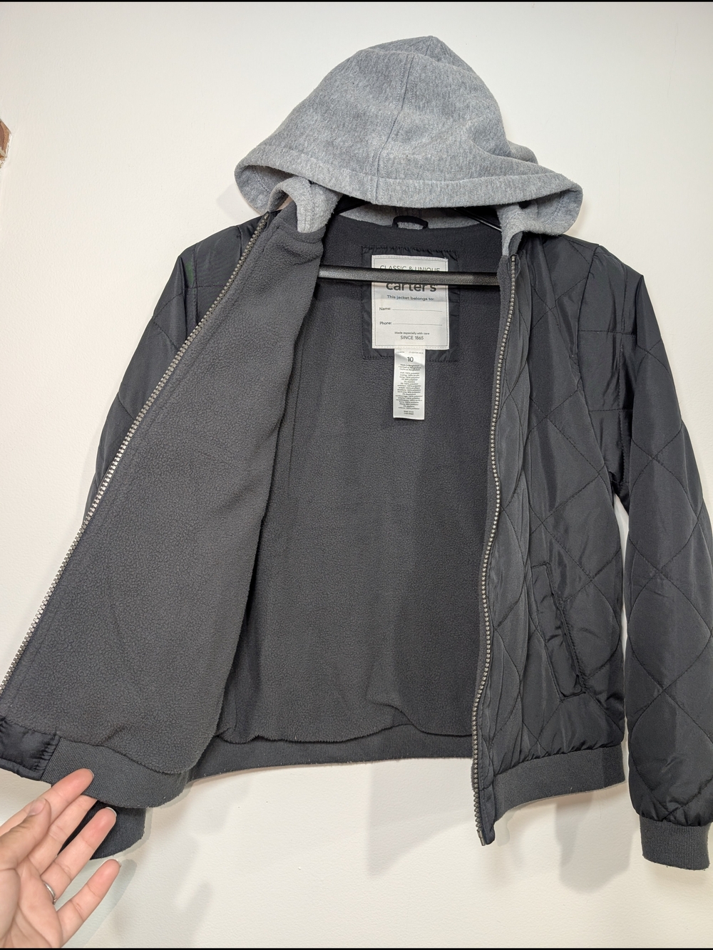 Carter's Kids 10 Gray Quilted Hooded Puffer Jacket Zup Up Fleece Lined - Picture 3 of 7